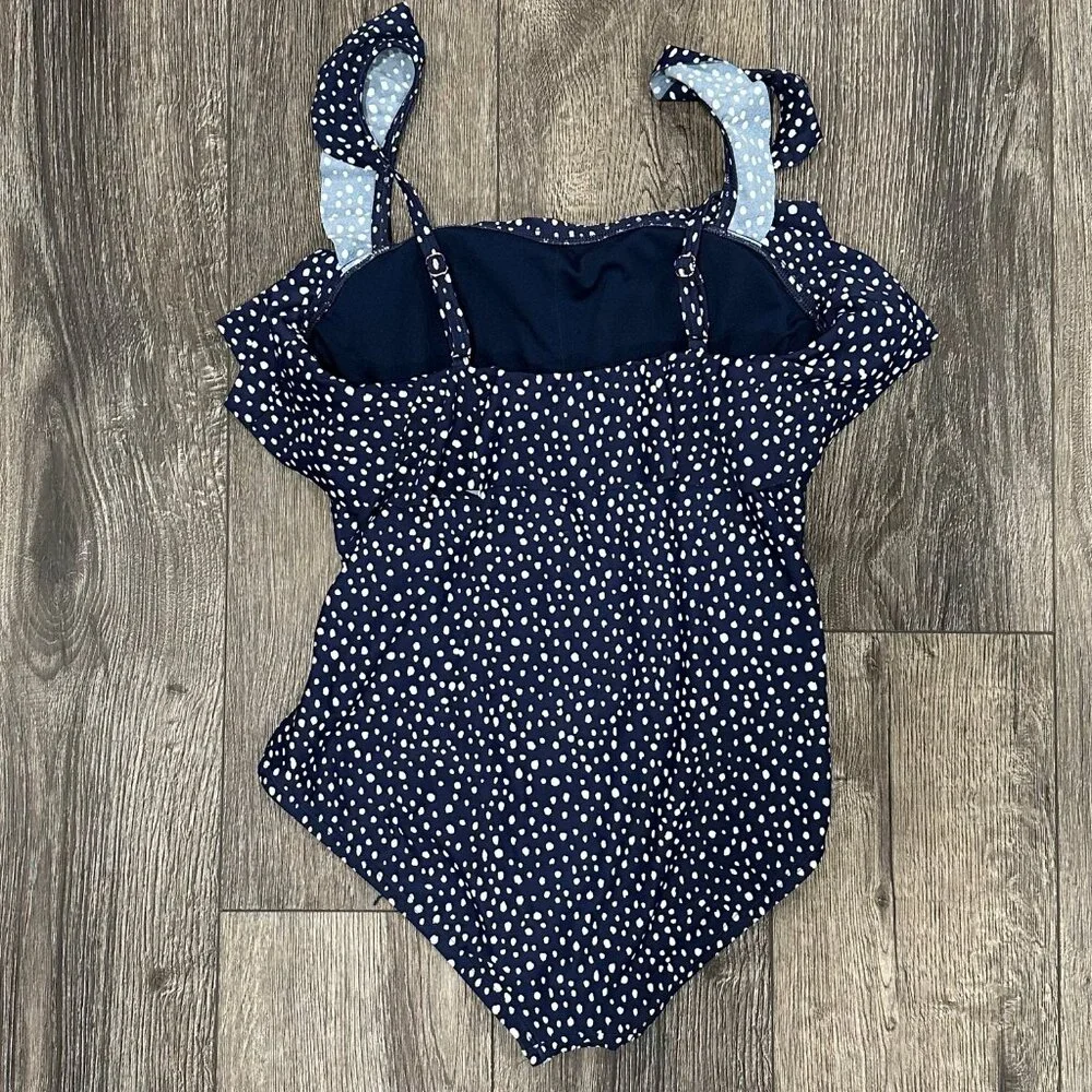 Kona Sol Navy Blue Polka Dot One-Piece Swimsuit, Size Medium (8-10) - Picture 8 of 9